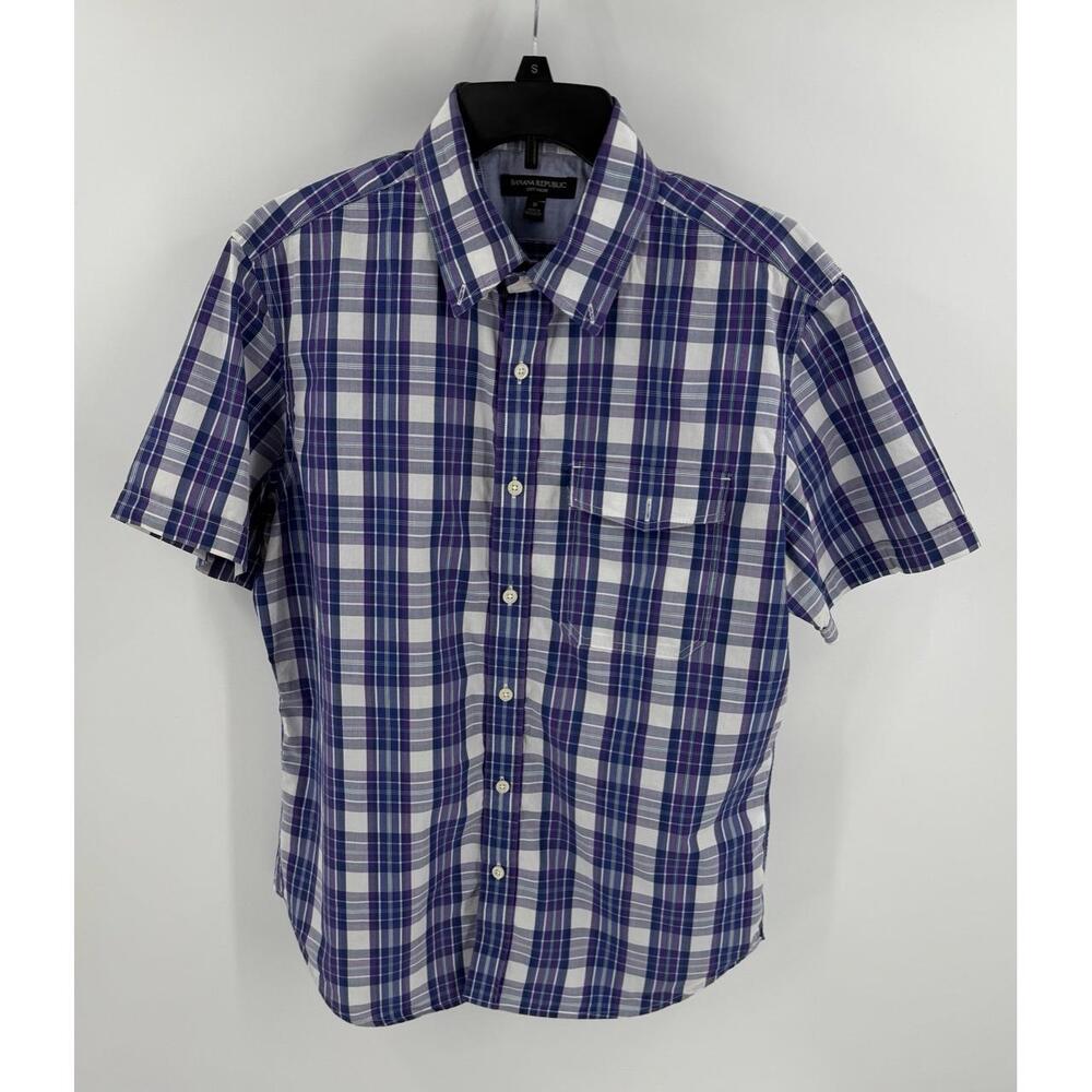 Banana Republic Tropical Blue‎ Plaid Short Sleeve ButtonDown Collar Shirt Medium